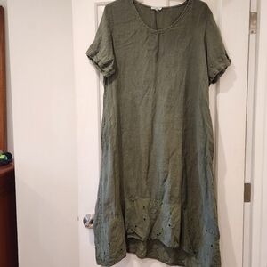 Rosemarine Made In Italy 100% Linen Army Green Midi Dress With Pockets